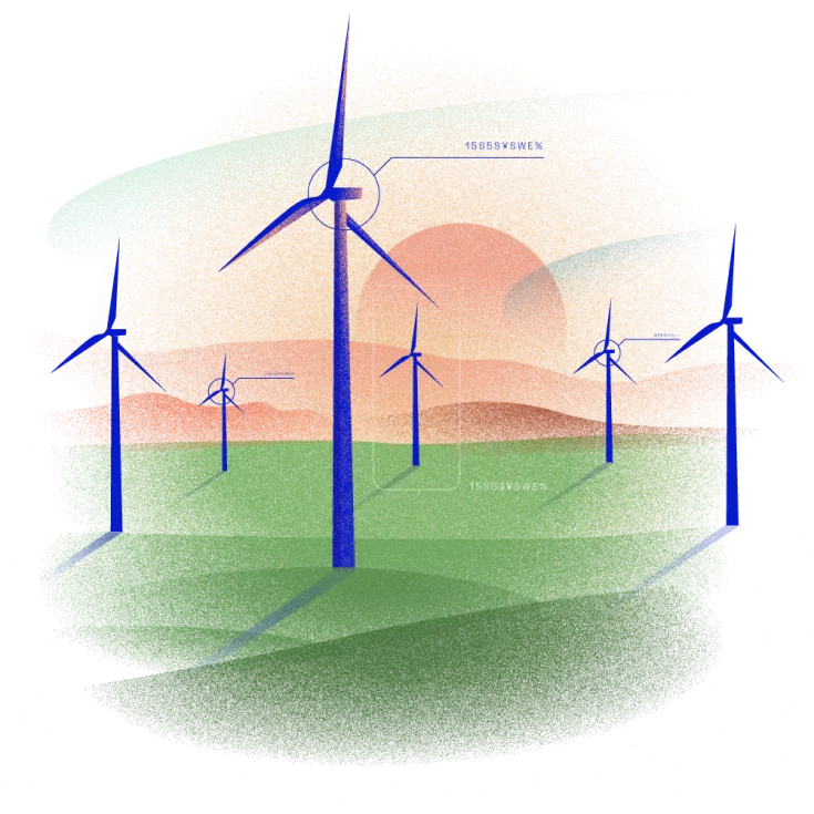 Illustrazione di un campo con molteplici pale eoliche che generano energia rinnovabile